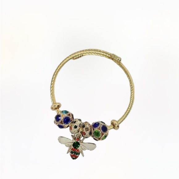 Multicolored Rhinestones Bee Charm Dangle, Stretch, Cuff Bracelet - Picture 4 of 9